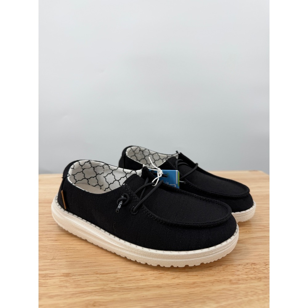 NWT Hey Dude Wendy Youth Linen Black Slip On Loafers Lightweight Kids Shoes K12